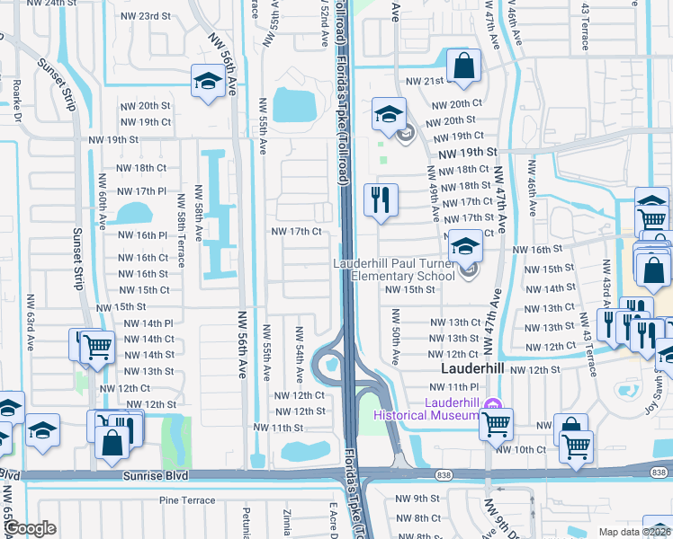map of restaurants, bars, coffee shops, grocery stores, and more near 1640 Northwest 52nd Avenue in Lauderhill