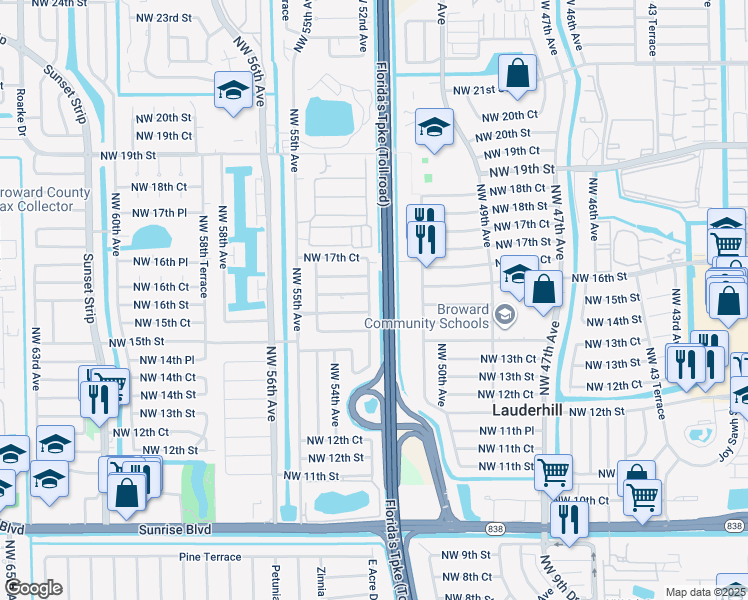 map of restaurants, bars, coffee shops, grocery stores, and more near 1640 Northwest 52nd Avenue in Lauderhill