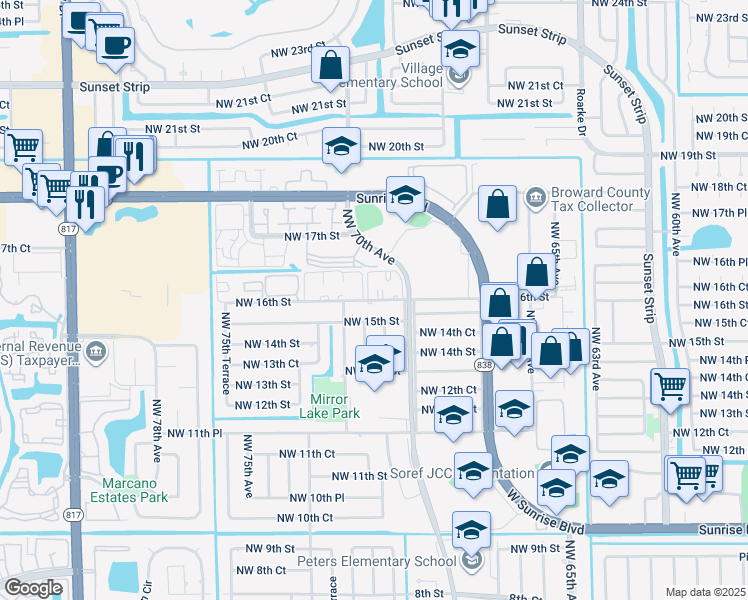 map of restaurants, bars, coffee shops, grocery stores, and more near 7081 Northwest 16th Street in Plantation