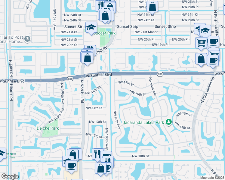 map of restaurants, bars, coffee shops, grocery stores, and more near 1641 Northwest 99th Avenue in Plantation