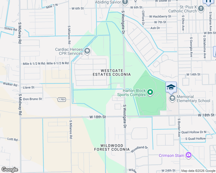 map of restaurants, bars, coffee shops, grocery stores, and more near 1409 South Ambrosia Drive in Weslaco
