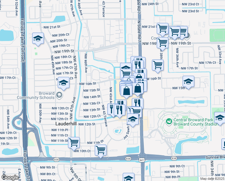 map of restaurants, bars, coffee shops, grocery stores, and more near 1490 Northwest 43rd Avenue in Lauderhill