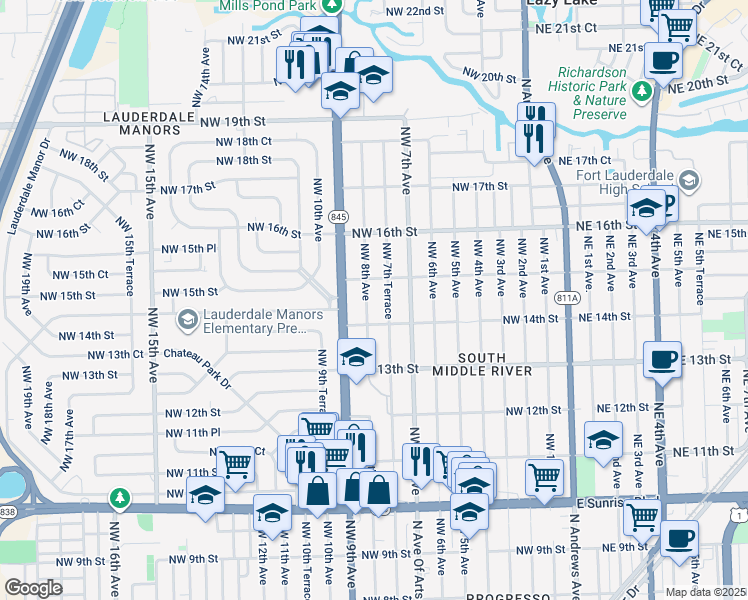 map of restaurants, bars, coffee shops, grocery stores, and more near 1424 Northwest 8th Avenue in Fort Lauderdale