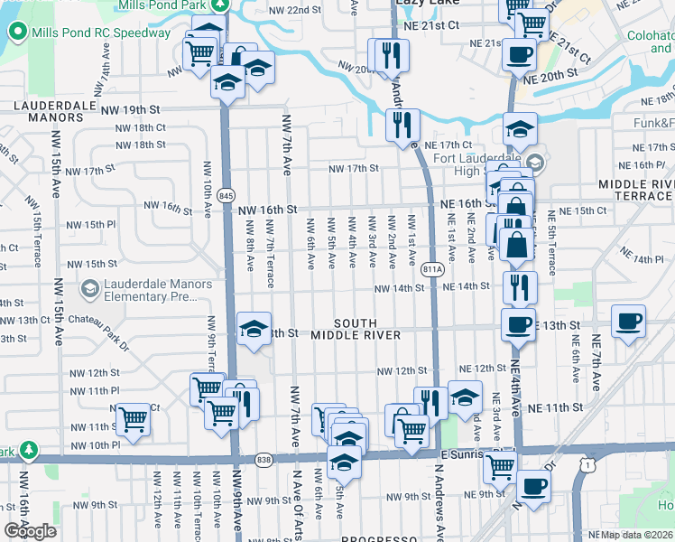 map of restaurants, bars, coffee shops, grocery stores, and more near 1433 Northwest 5th Avenue in Fort Lauderdale