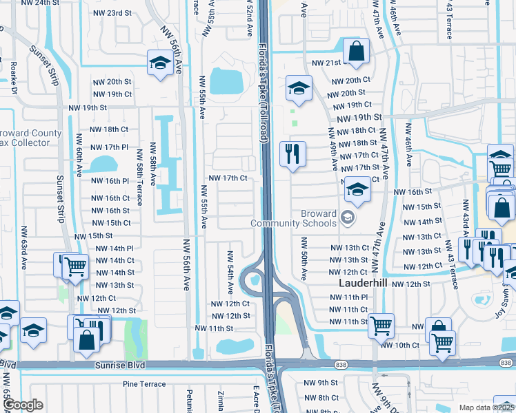 map of restaurants, bars, coffee shops, grocery stores, and more near 1640 Northwest 52nd Avenue in Lauderhill