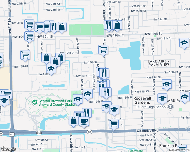 map of restaurants, bars, coffee shops, grocery stores, and more near 1500 Northwest 32nd Avenue in Fort Lauderdale