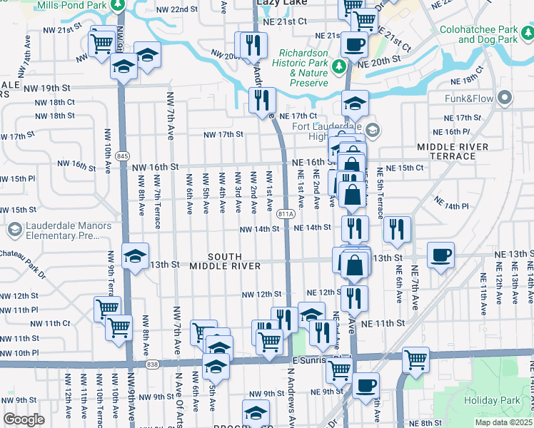map of restaurants, bars, coffee shops, grocery stores, and more near 1428 Northwest 1st Avenue in Fort Lauderdale