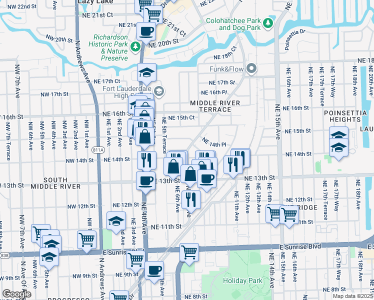 map of restaurants, bars, coffee shops, grocery stores, and more near 605 Northeast 14th Court in Fort Lauderdale