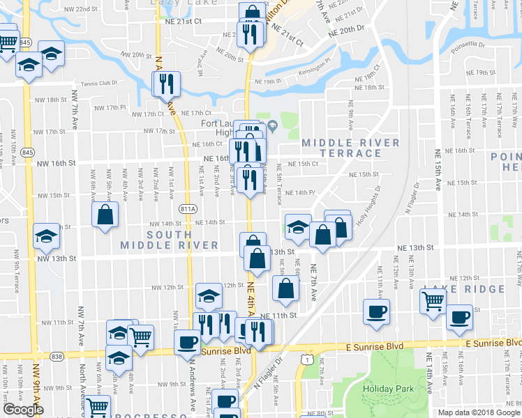 map of restaurants, bars, coffee shops, grocery stores, and more near 1428 Northeast 4th Avenue in Fort Lauderdale