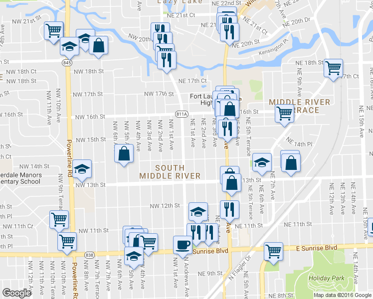 map of restaurants, bars, coffee shops, grocery stores, and more near 1428 Northeast 1st Avenue in Fort Lauderdale