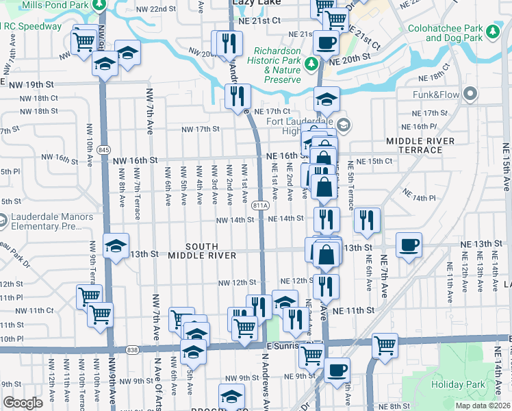 map of restaurants, bars, coffee shops, grocery stores, and more near 1428 Northwest 1st Avenue in Fort Lauderdale