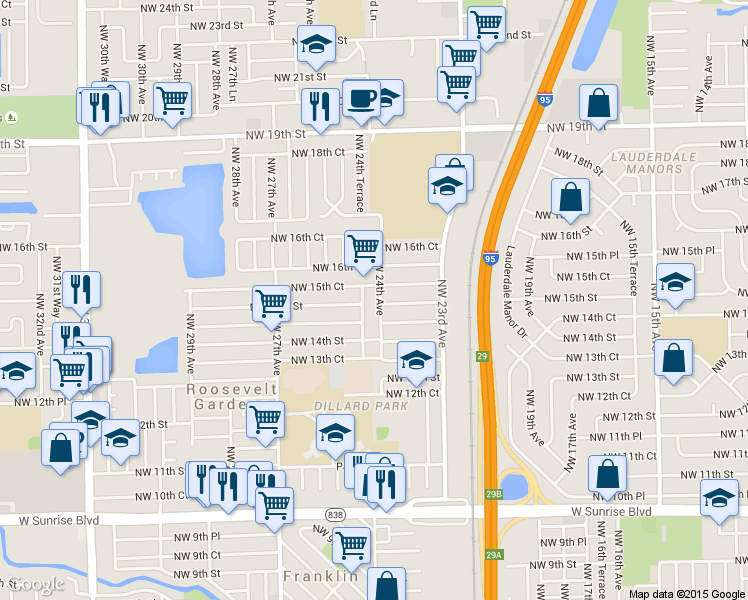 map of restaurants, bars, coffee shops, grocery stores, and more near 2401 Northwest 15th Street in Fort Lauderdale