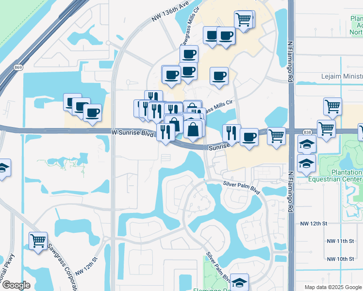 map of restaurants, bars, coffee shops, grocery stores, and more near 12719 West Sunrise Boulevard in Sunrise