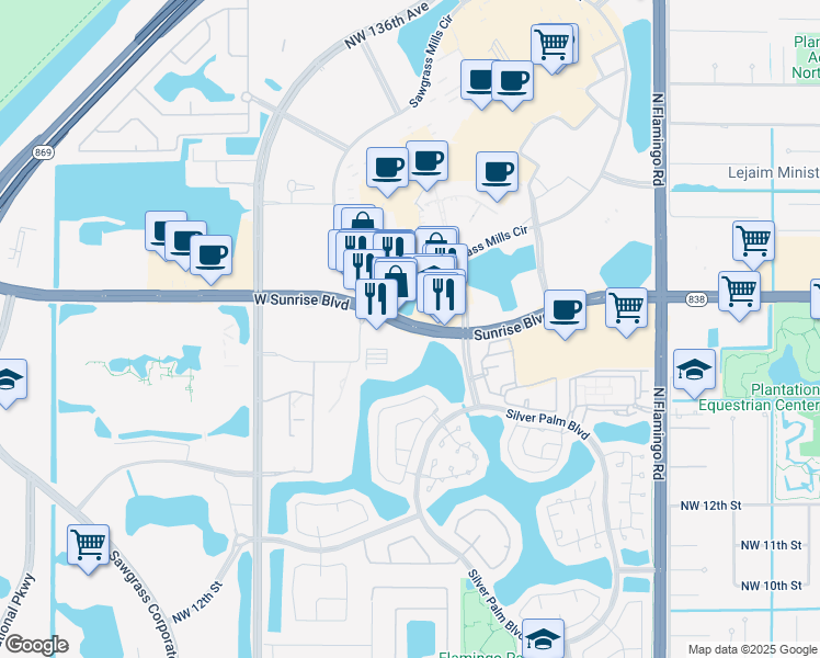 map of restaurants, bars, coffee shops, grocery stores, and more near 12719 West Sunrise Boulevard in Sunrise