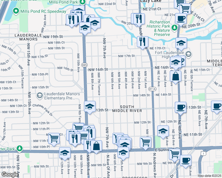 map of restaurants, bars, coffee shops, grocery stores, and more near 1432 Northwest 7th Avenue in Fort Lauderdale