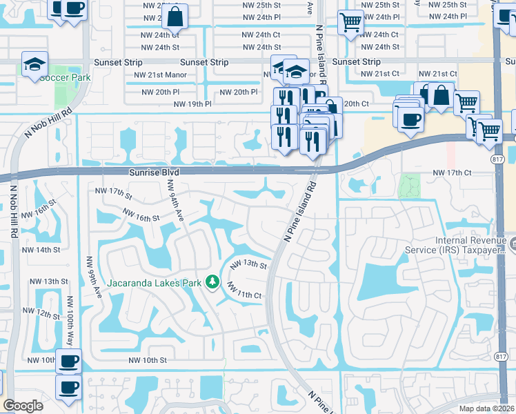 map of restaurants, bars, coffee shops, grocery stores, and more near 9181 Northwest 17th Street in Plantation