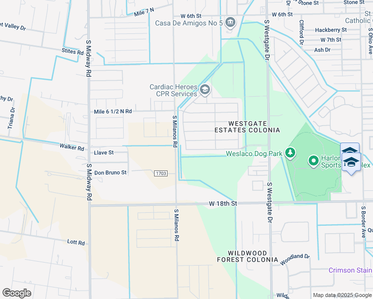 map of restaurants, bars, coffee shops, grocery stores, and more near 2305 Bald Cypress Drive in Weslaco