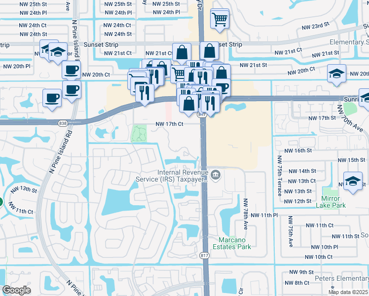 map of restaurants, bars, coffee shops, grocery stores, and more near 1701 North University Drive in Plantation