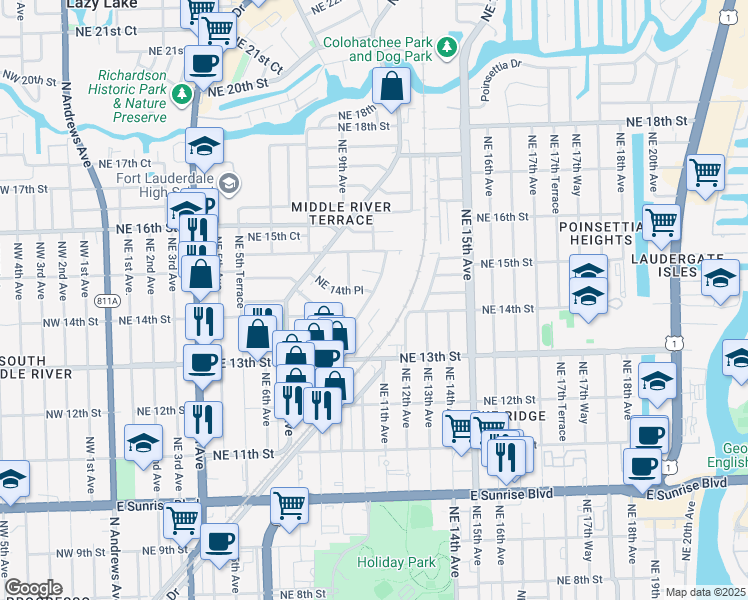 map of restaurants, bars, coffee shops, grocery stores, and more near 1430 Holly Heights Drive in Fort Lauderdale