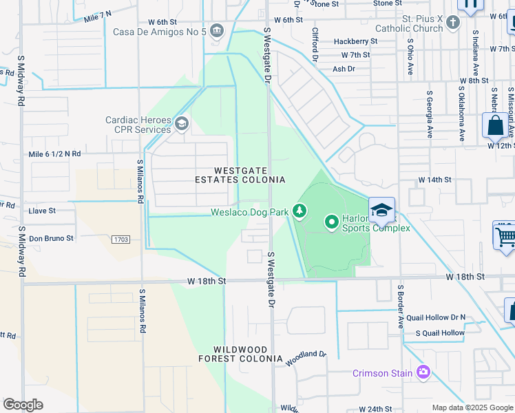 map of restaurants, bars, coffee shops, grocery stores, and more near 1402 South Westgate Drive in Weslaco