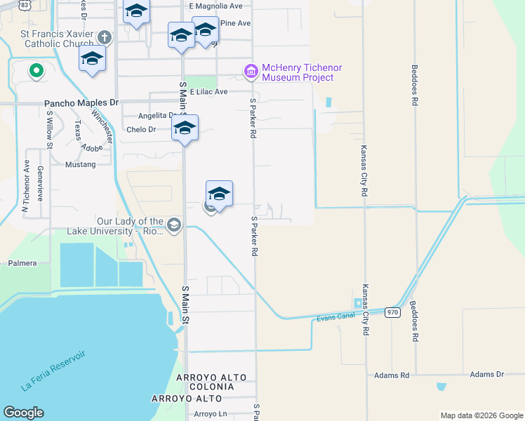 map of restaurants, bars, coffee shops, grocery stores, and more near 1601 South Parker Road in La Feria