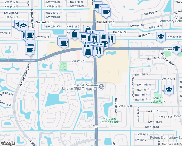 map of restaurants, bars, coffee shops, grocery stores, and more near 8045 Northwest 15th Way in Plantation