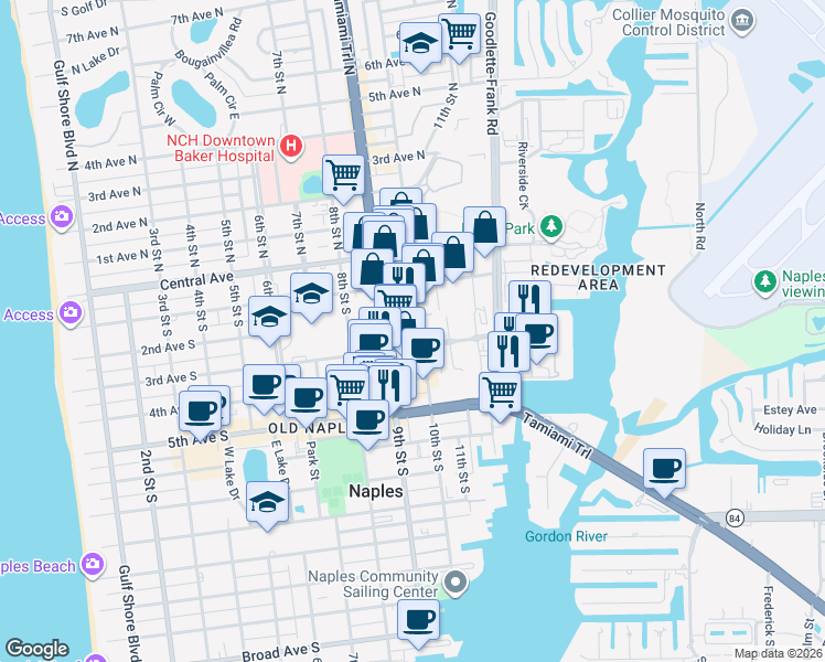 map of restaurants, bars, coffee shops, grocery stores, and more near 111 10th Street South in Naples