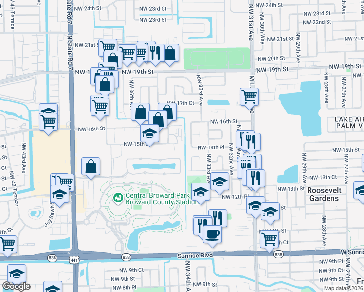 map of restaurants, bars, coffee shops, grocery stores, and more near 3400 Northwest 15th Street in Lauderhill