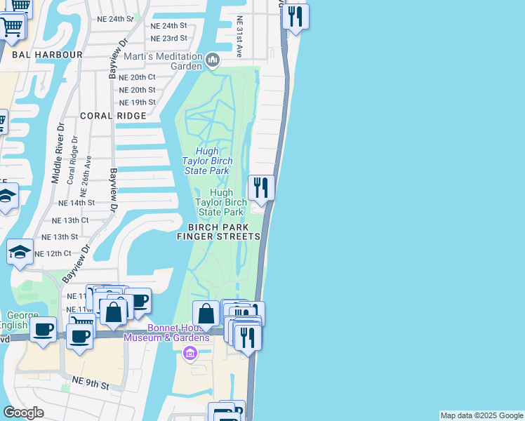 map of restaurants, bars, coffee shops, grocery stores, and more near 1151 North Fort Lauderdale Beach Boulevard in Fort Lauderdale