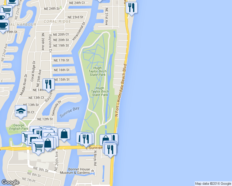 map of restaurants, bars, coffee shops, grocery stores, and more near 1151 North Fort Lauderdale Beach Boulevard in Fort Lauderdale
