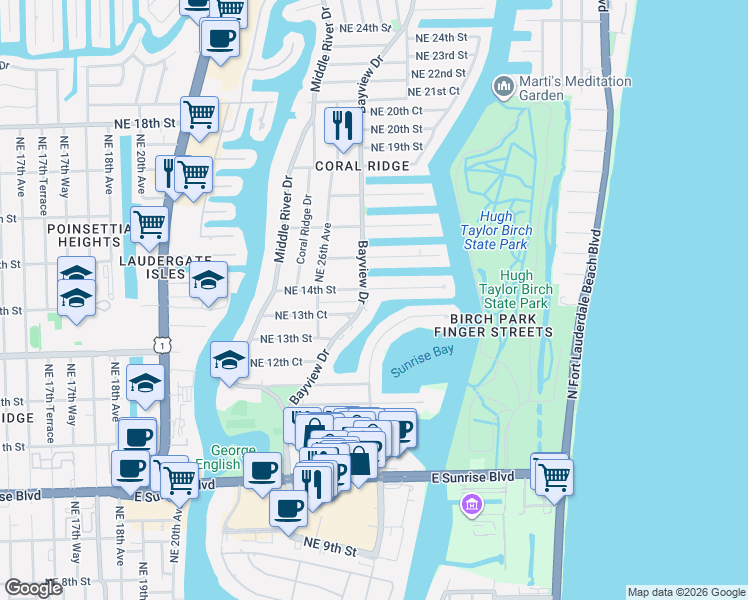 map of restaurants, bars, coffee shops, grocery stores, and more near 2710 Northeast 14th Street in Fort Lauderdale