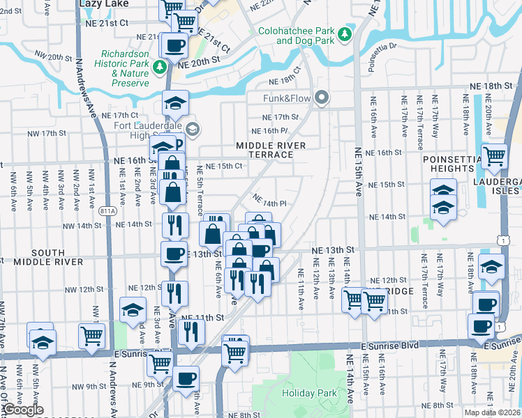 map of restaurants, bars, coffee shops, grocery stores, and more near 926 Northeast 14th Place in Fort Lauderdale