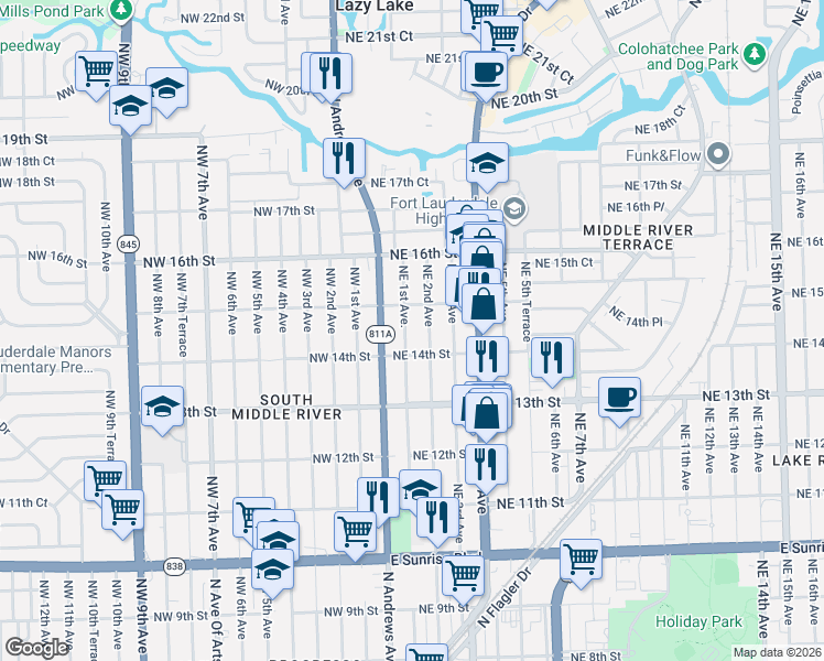 map of restaurants, bars, coffee shops, grocery stores, and more near 1428 Northeast 1st Avenue in Fort Lauderdale