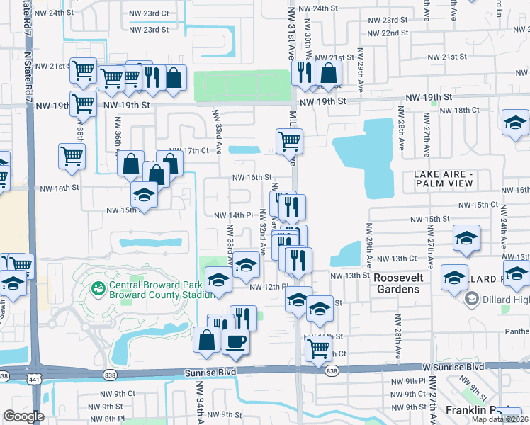 map of restaurants, bars, coffee shops, grocery stores, and more near 1516 Northwest 32nd Avenue in Fort Lauderdale
