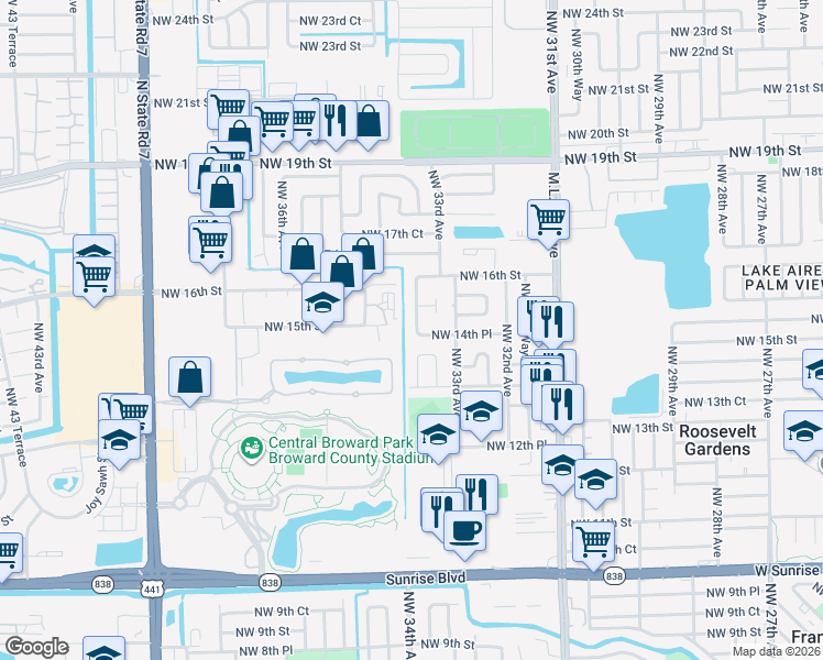 map of restaurants, bars, coffee shops, grocery stores, and more near 3400 Northwest 15th Street in Lauderhill