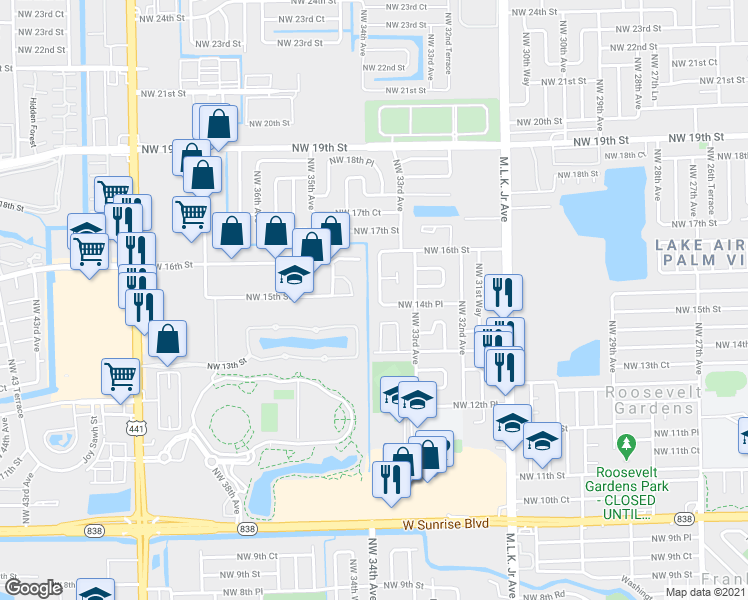 map of restaurants, bars, coffee shops, grocery stores, and more near 3400 Northwest 15th Street in Lauderhill