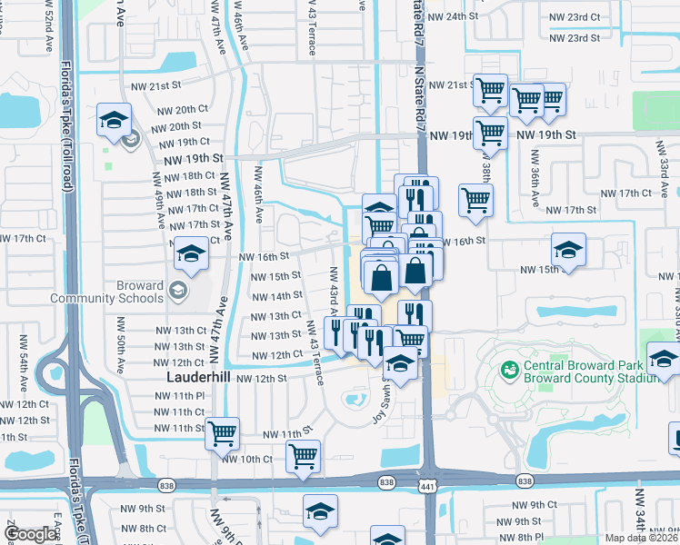 map of restaurants, bars, coffee shops, grocery stores, and more near 1490 Northwest 43rd Avenue in Lauderhill