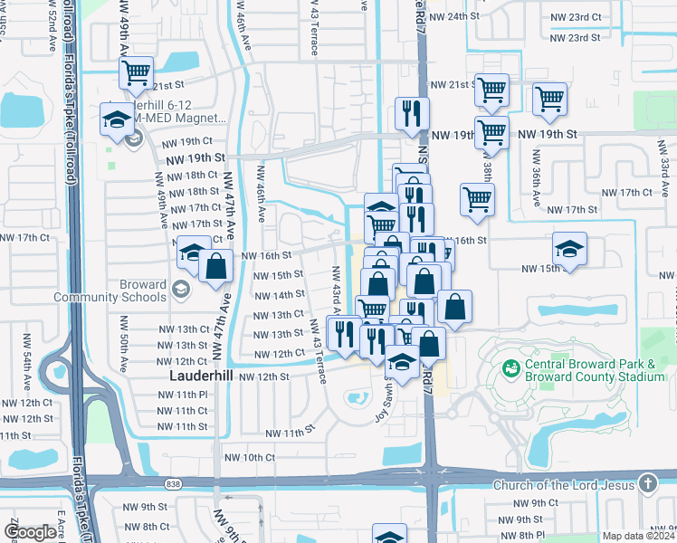 map of restaurants, bars, coffee shops, grocery stores, and more near 1490 Northwest 43rd Avenue in Lauderhill