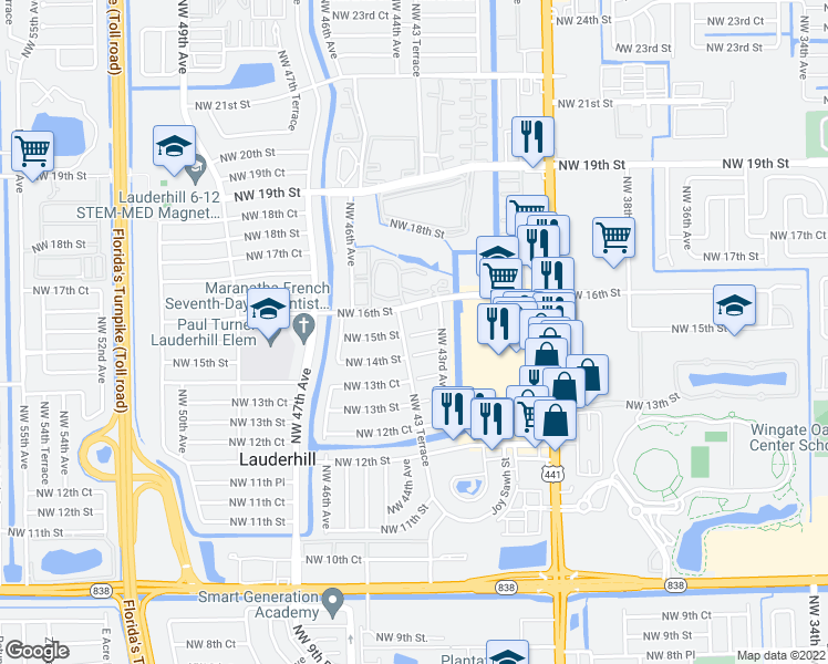map of restaurants, bars, coffee shops, grocery stores, and more near 4330 Northwest 16th Street in Lauderhill