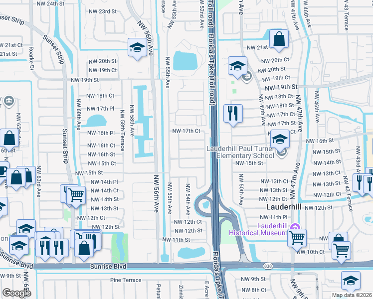 map of restaurants, bars, coffee shops, grocery stores, and more near 5321 Northwest 16th Court in Lauderhill