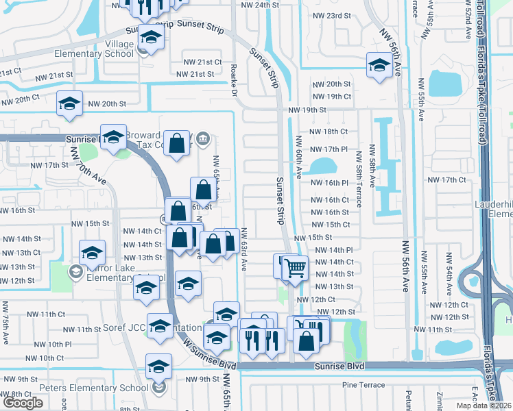 map of restaurants, bars, coffee shops, grocery stores, and more near 6230 Northwest 16th Court in Sunrise