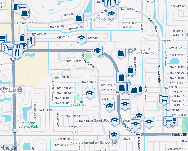 map of restaurants, bars, coffee shops, grocery stores, and more near 7081 Northwest 16th Street in Plantation