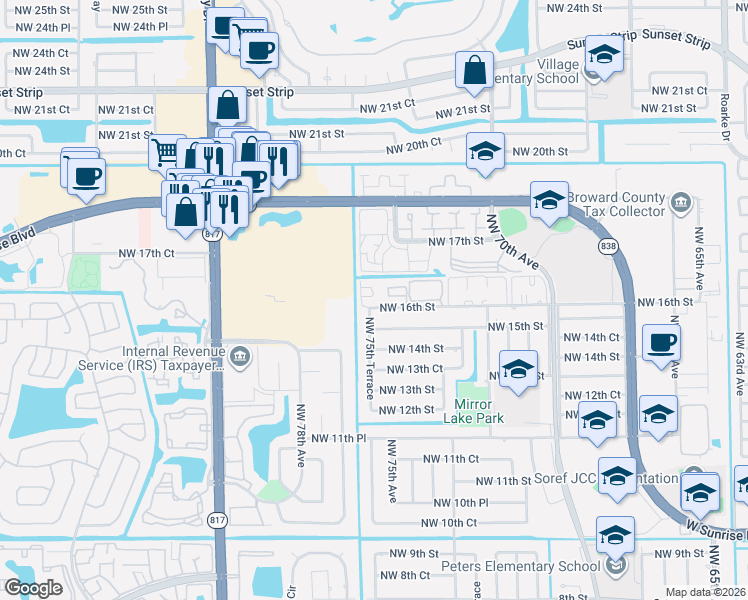 map of restaurants, bars, coffee shops, grocery stores, and more near 7501 Northwest 16th Street in Plantation