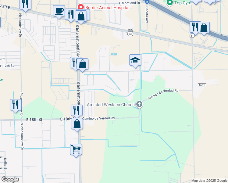 map of restaurants, bars, coffee shops, grocery stores, and more near 3820 Camino Real Viejo Road in Weslaco