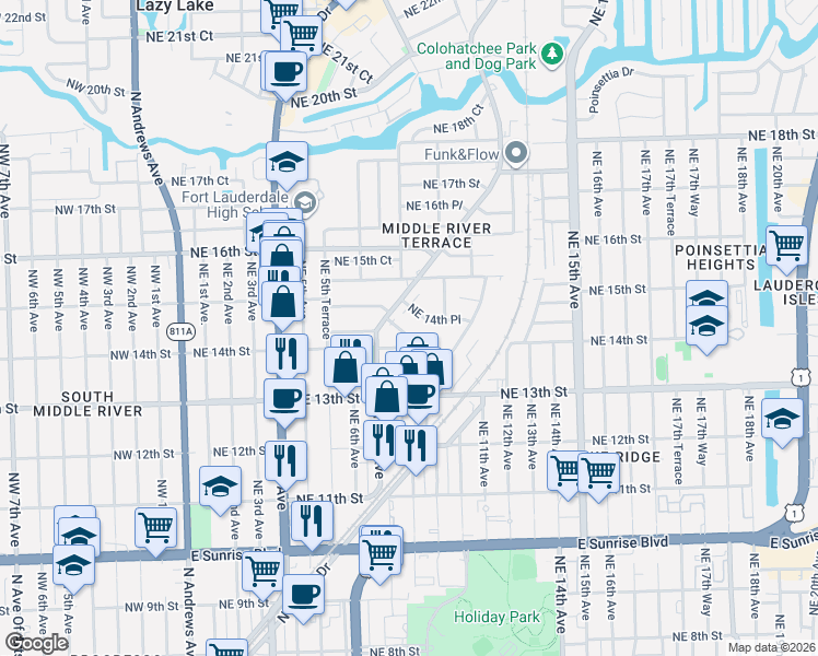 map of restaurants, bars, coffee shops, grocery stores, and more near 1400 North Dixie Highway in Fort Lauderdale