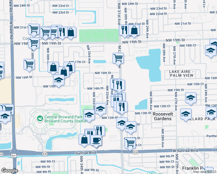 map of restaurants, bars, coffee shops, grocery stores, and more near 1516 Northwest 32nd Avenue in Fort Lauderdale