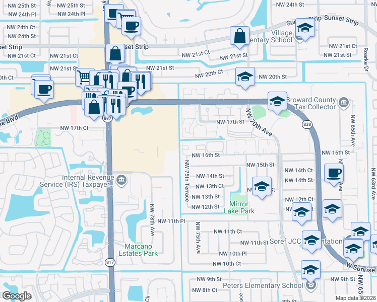 map of restaurants, bars, coffee shops, grocery stores, and more near 7501 Northwest 16th Street in Plantation