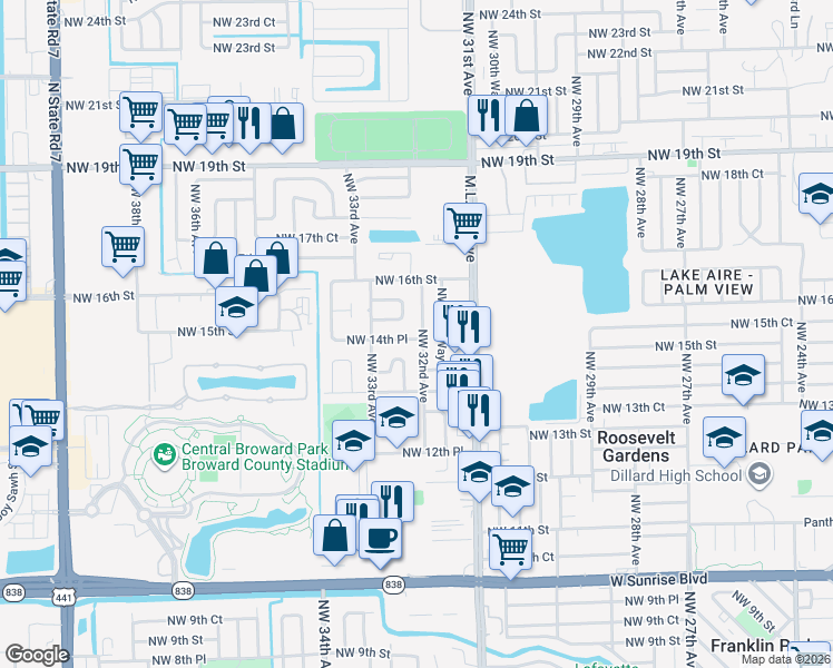 map of restaurants, bars, coffee shops, grocery stores, and more near 1485 Northwest 32nd Avenue in Fort Lauderdale