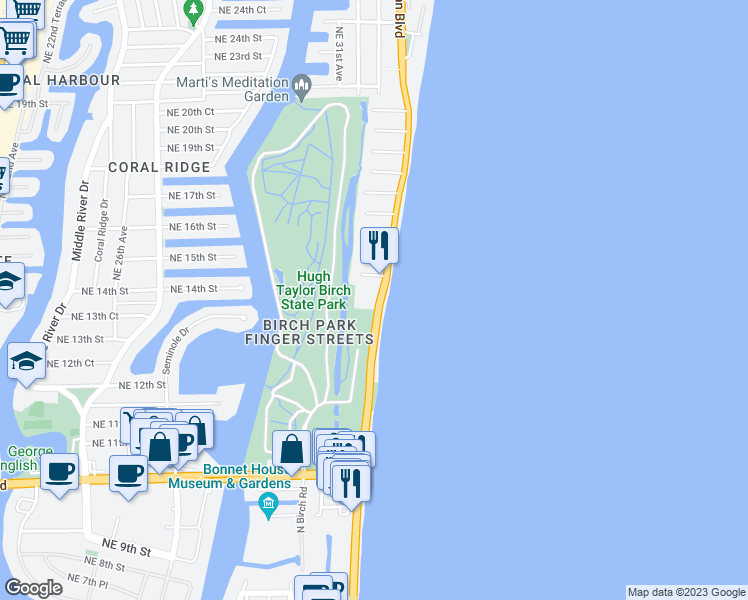 map of restaurants, bars, coffee shops, grocery stores, and more near 1151 North Fort Lauderdale Beach Boulevard in Fort Lauderdale