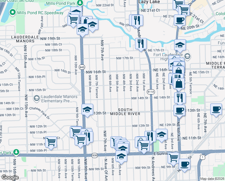map of restaurants, bars, coffee shops, grocery stores, and more near 1433 Northwest 5th Avenue in Fort Lauderdale